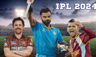 Images of Travis Head, Virat Kohli, and Sunil Narine, prominent players in the IPL 2024 cricket season, on a cricket field background. (Text: IPL 2024)
