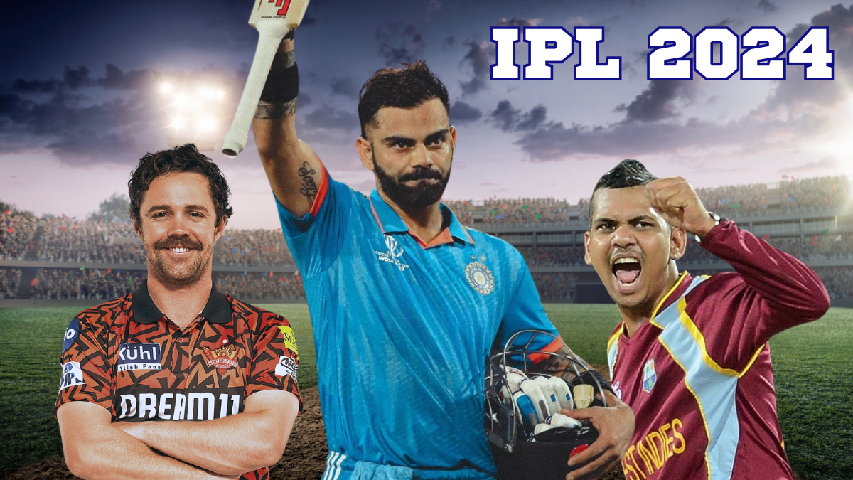 Images of Travis Head, Virat Kohli, and Sunil Narine, prominent players in the IPL 2024 cricket season, on a cricket field background. (Text: IPL 2024)
