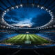 Empty soccer stadium bathed in the warm glow of dusk, ready to erupt with cheers for Euro 2024