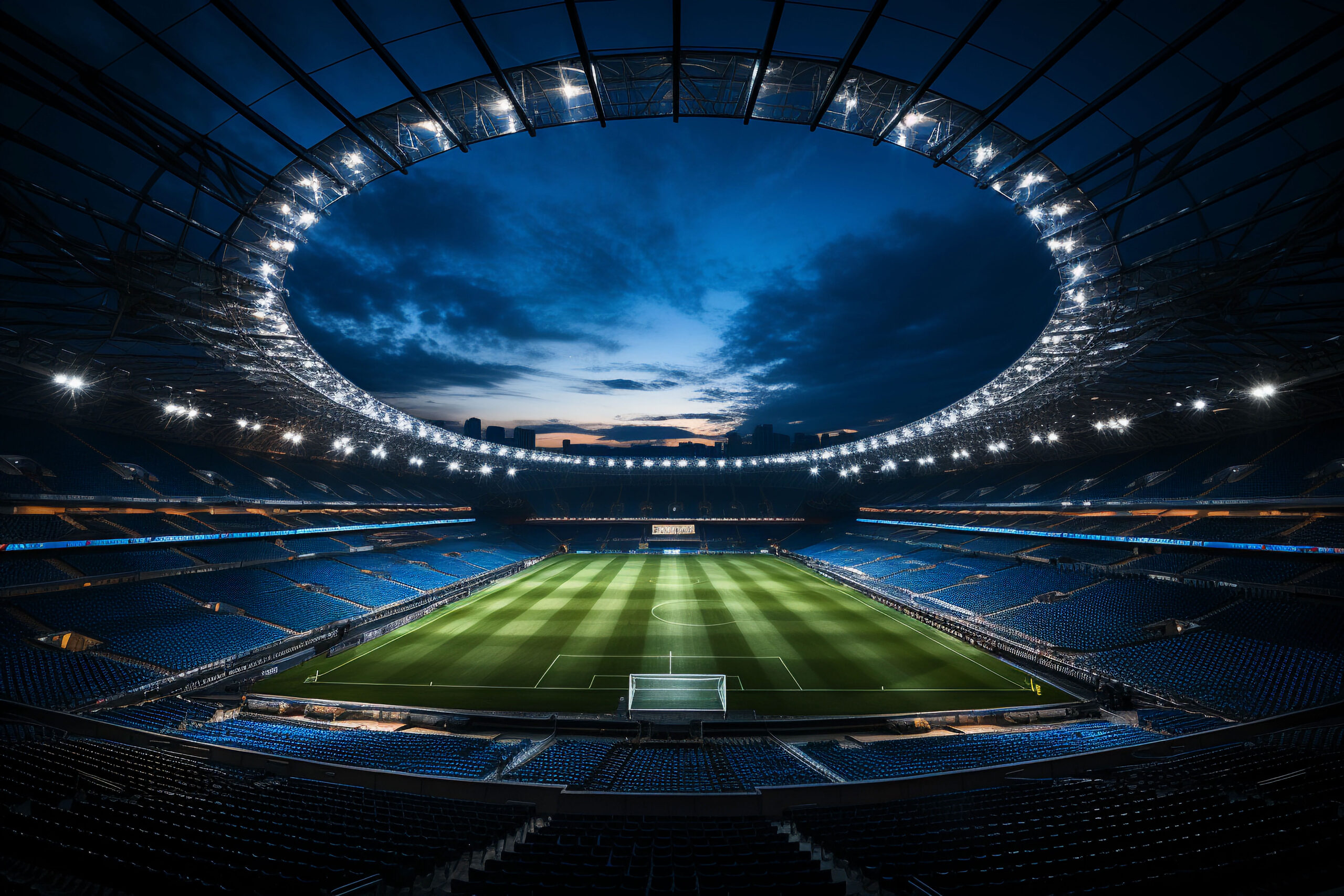 Empty soccer stadium bathed in the warm glow of dusk, ready to erupt with cheers for Euro 2024