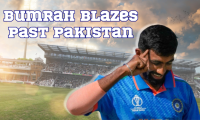 A close-up image of Jasprit Bumrah in T20 World Cup match India vs. Pakistan, with text overlay "Bumrah Blazes Past Pakistan"