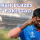 A close-up image of Jasprit Bumrah in T20 World Cup match India vs. Pakistan, with text overlay "Bumrah Blazes Past Pakistan"